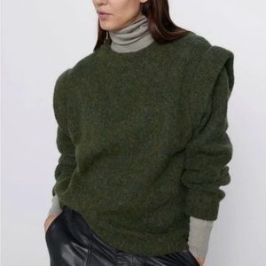 Zara Women Green Alpaca Wool Blend w/ Accent Shoulder Sweater